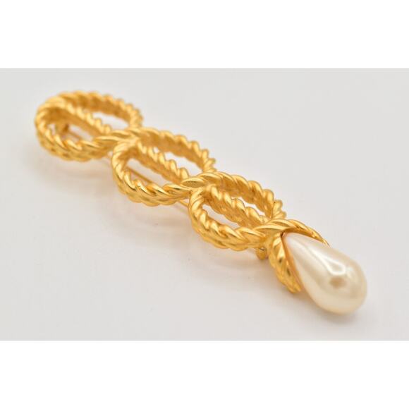 Givenchy Vintage Big Rope Pin Brooch Matte Brushed Gold Pearl Chunky Signed BinJ - Picture 10 of 12